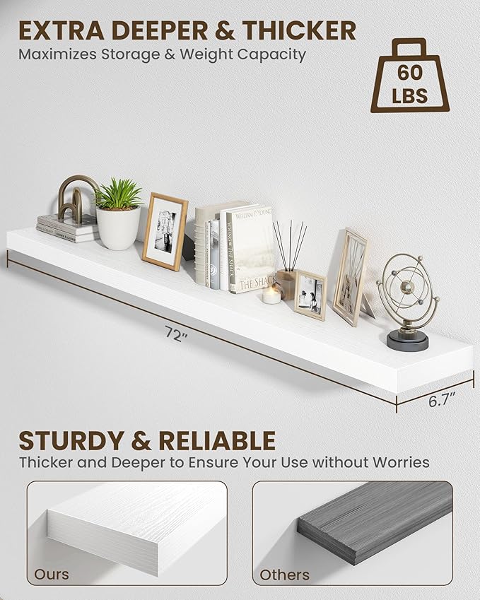 Marsmiles 72" Floating Shelves for Wall, Wooden Shelves with Invisible Brackets Set of 2, Rustic Farmhouse Wall Mounted Shelf for Kitchen Bathroom Living Room Study, White-Ruum Studio Home