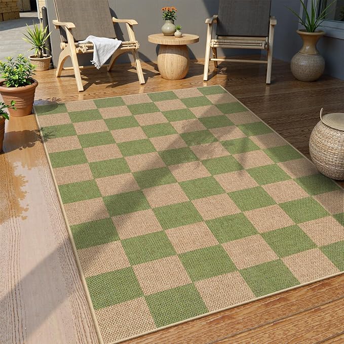 Lahome Checkered 3x5 Washable Rug, Green Easy Jute Rug for Entryway Living Room, Modern Non Slip Non Shedding Indoor Outdoor Carpet for Porch Deck Kitchen-Ruum Studio Home