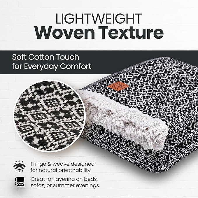 Gold Case Throw Blanket for Bed – 100% Recycled Turkish Cotton Bed Blanket – Decorative Throw Cotton Blankets for Living Room & Bedroom – Retro Black Woven Queen Blankets – 90x90-Ruum Studio Home