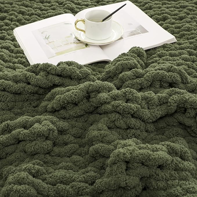 WESHIONGOO Chunky Knit Blanket Throw 40"×40" Knitted Throw Blankets for Couch Bed Fluffy Soft Blanket with Jumbo Chenille Yarn Thick 100% Handmade (Olive Green)-Ruum Studio Home
