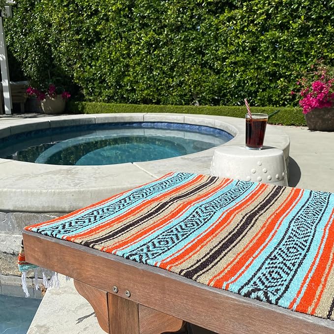 Del Mex Classic Mexican Blanket, Large Authentic Woven Falsa Throw (70"x50"), Artisan Southwest Décor for Beach, Yoga, Outdoors (Mint/Tan/Orange)-Ruum Studio Home