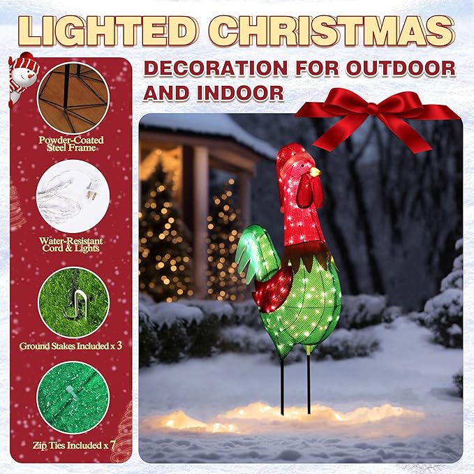 6FT Lighted Rooster with Christmas Hat for Outdoor Christmas Decorations, 3D Pre-Lit Iridescent Rooster Xmas Decor, Glittered Standing Holiday Display Rooster for Outdoor, Indoor-Ruum Studio Home