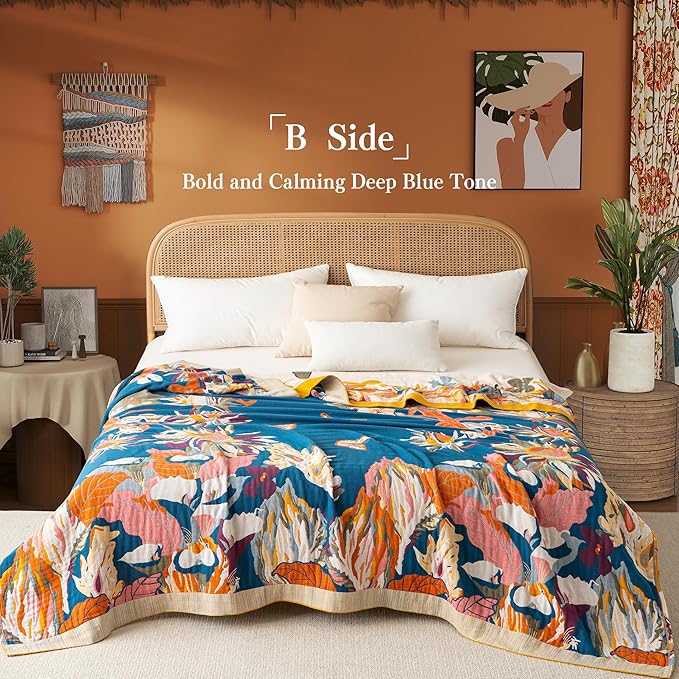 Boho Throw Blanket Throw Size, Soft Cozy Cotton Muslin Quilt Blanket for Bed Decor, Floral Patterned Couch Sofa Chair Cover, Vintage Farmhouse Cottage Tapestry Woven Blanket, Yellow&Blue-Ruum Studio Home