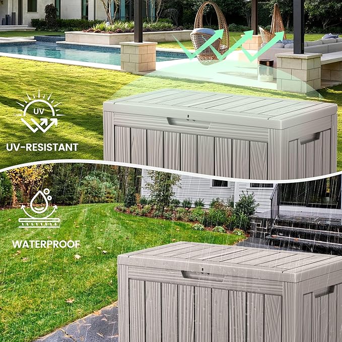 45 Outdoor Storage Box, Waterproof Resin Deck Box with Side Handles, Lockable Outdoor Bench for Indoor & Outdoor Use, Storage Bin for Patio Cushions, Garden Tools, Package Delivery, Grey-Ruum Studio Home