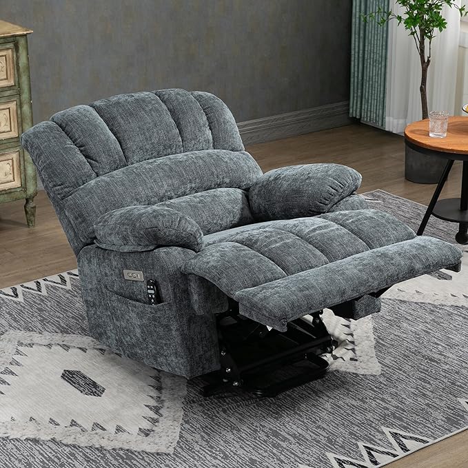 Power Lift Chair with Vibration Massage and Lumbar Heat for Elderly, Electric Recliner Chair Max 155° with Charging Ports, Blue Gray-Ruum Studio Home