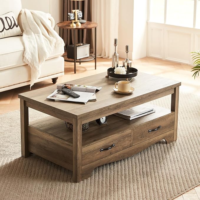 LINSY HOME Farmhouse Coffee Table with Storage, Wood Coffee Table for Living Room, Open Display Area and Storage Drawers with Metal Handles, Chic Style with Curved Base, Brown-Ruum Studio Home