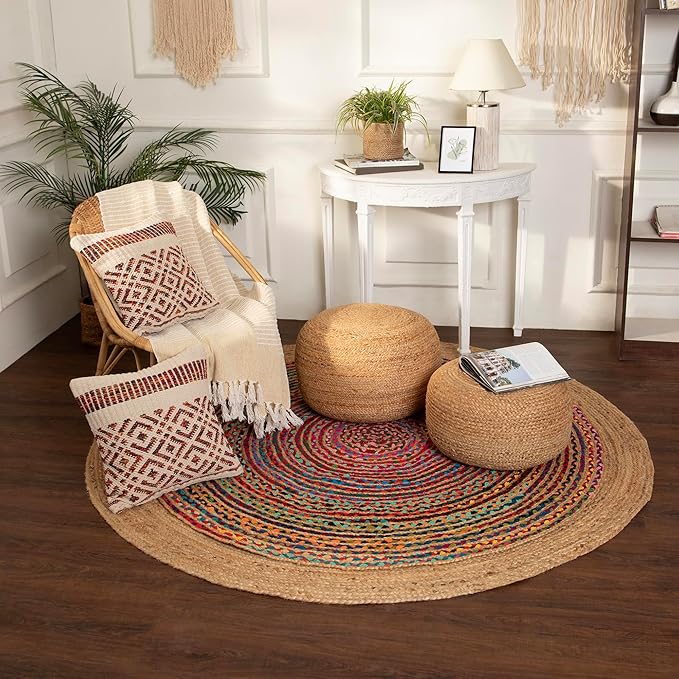 REDEARTH · Jute Circular Low Pouf Ottoman - Braided Pouffe Accent Sitting Round Footrest for Living Room, Bedroom, Nursery, kidsroom, Patio, Gym; 100% Jute (18"x18"x10"; Natural)-Ruum Studio Home