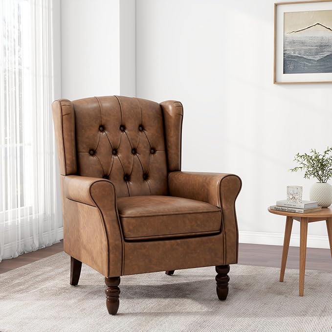 Accent Chair, Upholstered Armchair with Button Tufted High Back & Solid Wood Legs, Comfy Wingback Reading Single Sofa Chair for Small Spaces, Living Room, Bedroom (Leather Brown, Set of 2)-Ruum Studio Home