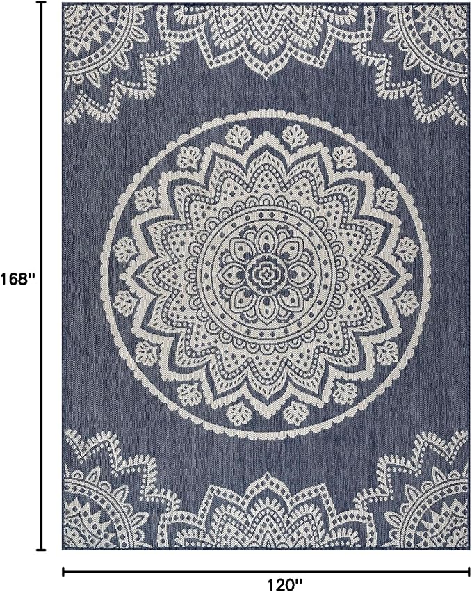 CAMILSON Outdoor Rug 10x14 Modern Area Rugs for Large Indoor and Outdoor Patios and Porches - Waterproof Washable Non-Shedding Easy-to-Clean Outside Carpet (10 x 14, Medallion - Blue/White)-Ruum Studio Home