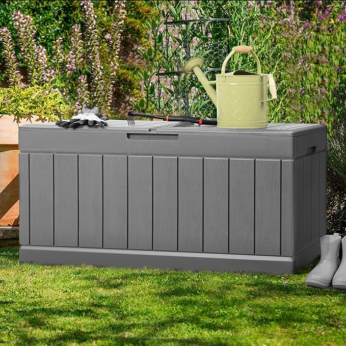 JUMMICO 83 Gallon Outdoor Deck Box Large Resin Storage Box for Patio Furniture Cushions, and Garden Tools (Gray)-Ruum Studio Home