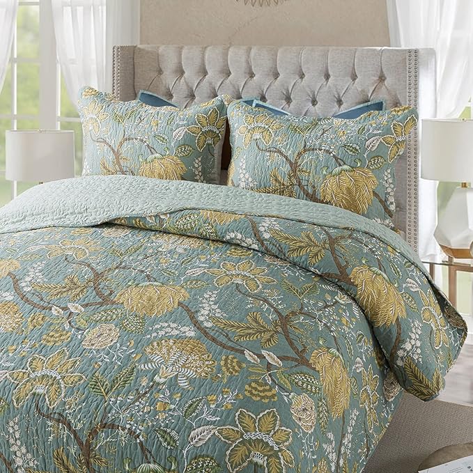 NEWLAKE Cotton Bedspread Quilt Sets-Reversible Patchwork Coverlet Set, Green Floral Pattern, King Size-Ruum Studio Home