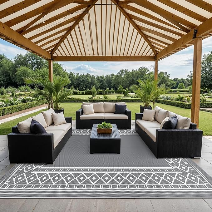 GENIMO Outdoor Rug Waterproof Area 10'x14' for Patio, Foldable Reversible Plastic Straw Carpet for Travel Trailers, Outside Mat for Rv, Deck, Picnic, Porch, Camper, Balcony, Beach, Grey & White-Ruum Studio Home