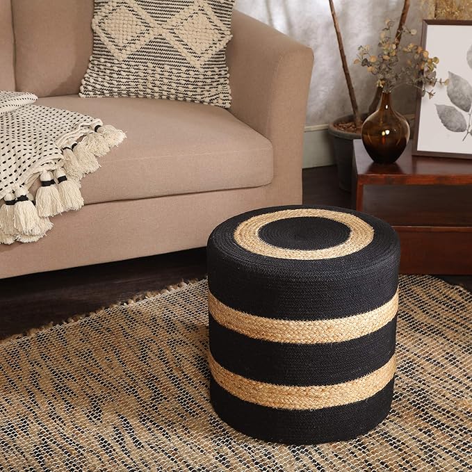 REDEARTH · Cylindrical Pouf Foot Stool Ottoman - Jute Braided Pouffe Poof Accent Sitting Footrest for The Living Room, Bedroom, Nursery, Patio, Lounge & Other Rooms (14.5”x14.5”x16”; Black Natural)-Ruum Studio Home