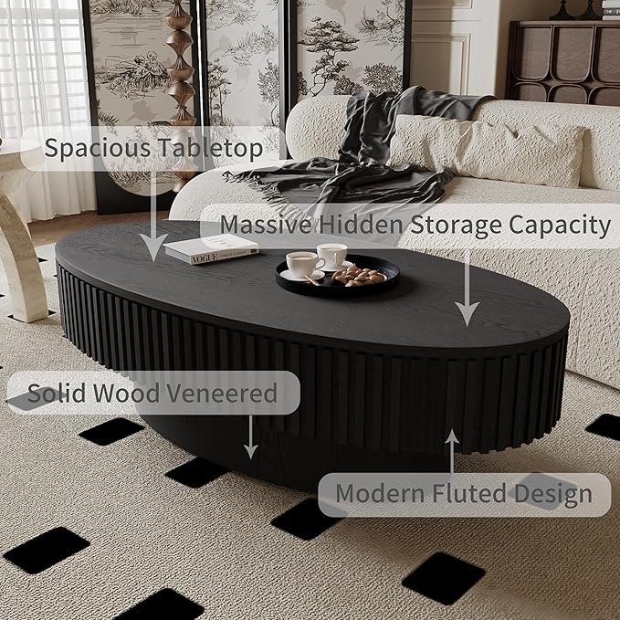 47.2''Oval Coffee Table with Storage, Mid Century Modern Fluted Drum Center Tables with Lid, Solid Wood Side Pedestal Coffee Table Tea Table for Living Room, Bedroom, Apartment-Black-Ruum Studio Home