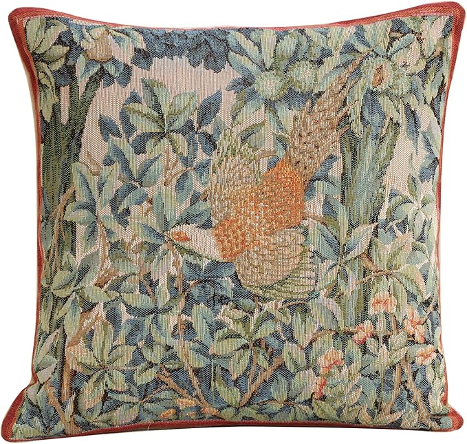 Charlotte Home Furnishings Decorative Tapestry Pillow Cover 14x14 in, Green Pheasant Couch Throw Pillow Cover, French Country Square Cushion Cases for Bed Room Home Decor, Soft Cotton Jacquard Woven-Ruum Studio Home