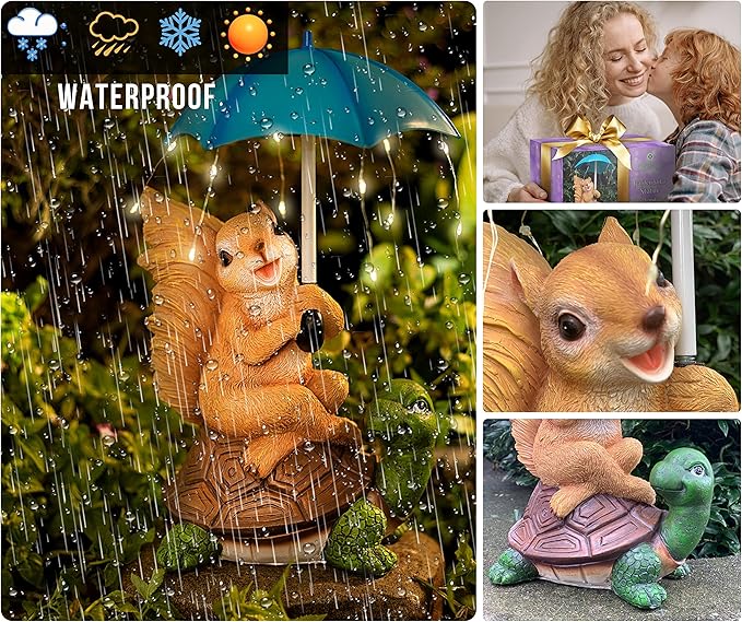 Malister Solar Garden Statue Outdoor Decor - Squirrel Siting on Turtle Statue with String Lights Umbrella for Patio, Garden Decor Garden Art Outdoor Lawn Decor Yard Art, Housewarming Garden Gifts-Ruum Studio Home