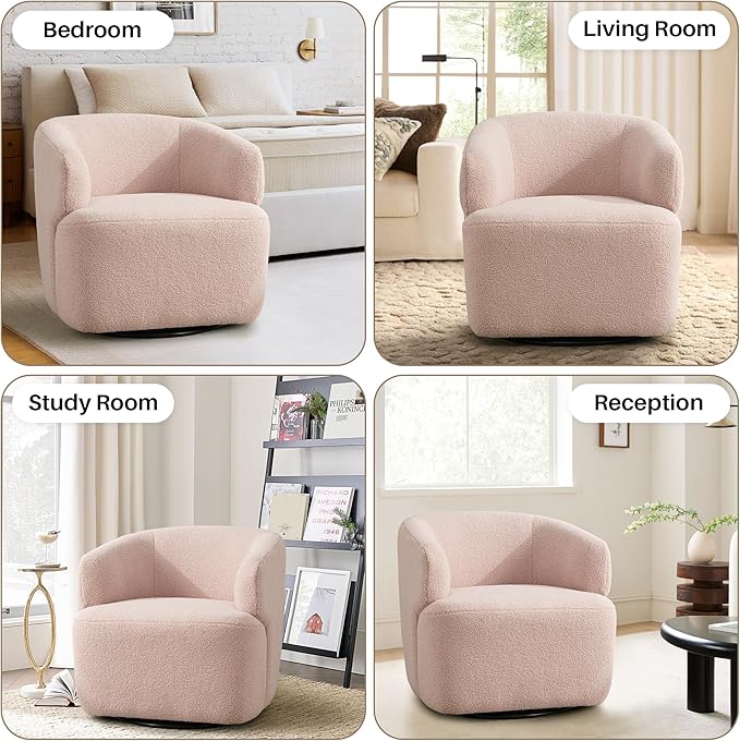 Swivel Accent Chair, Sherpa Teddy Barrel Chair for Living Room, Cozy Round Boucle Arm Chair, Metal Base for Club Nursery Bedroom, Light Blush Pink-Ruum Studio Home