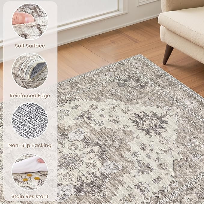 Washable Area Rugs for Living Room -8x10 Neutral Vintage Distressed Floral Farmhouse Boho Large Soft Floor Rug Indoor Non Slip Carpet for Living Room Bedroom Dining Room Office-Brown/Beige-Ruum Studio Home
