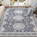 Washable Area Rugs for Living Room -8x10 Neutral Vintage Distressed Floral Farmhouse Boho Large Soft Floor Rug Indoor Non Slip Carpet for Living Room Bedroom Dining Room Office - Denim Blue/Grey-Ruum Studio Home