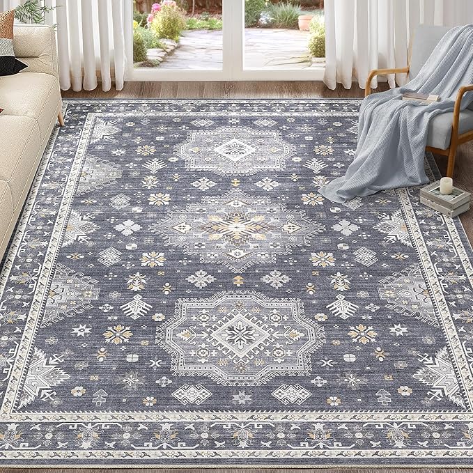 Washable Area Rugs for Living Room -9x12 Neutral Vintage Distressed Floral Farmhouse Boho Large Soft Floor Rug Indoor Non Slip Carpet for Living Room Bedroom Dining Room Office - Denim Blue/Grey-Ruum Studio Home