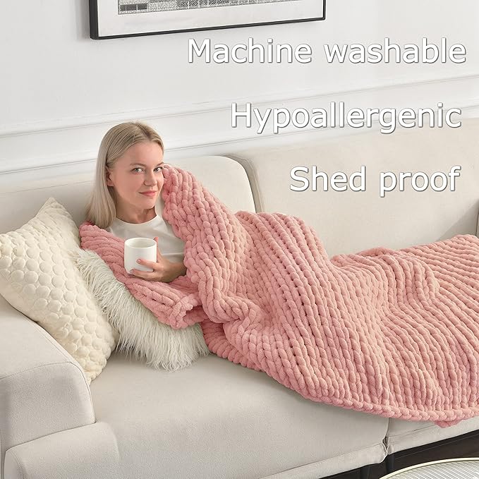 Maetoow Tighter Version Chenille Chunky Knit Blanket Throw 40×50 Inch, Handmade Warm & Cozy Blanket Couch, Bed, Home Decor, Soft Fleece Banket, Boho Thick Blankets and Giant Yarn Throws，Rose Pink-Ruum Studio Home