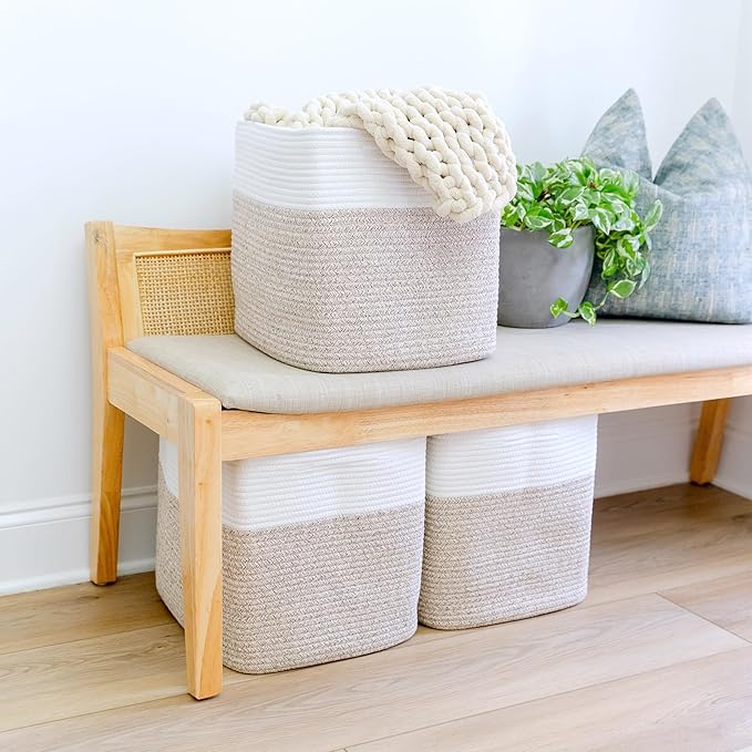 NaturalCozy 13x15x13 Kallax Storage Cubes Bins, 3 Pack | Cotton Rope Cube Storage Bin Woven Baskets for Organizing | Kallax Insert Storage Baskets for Shelves Organizer, Kids Toy, Closet Baby Nursery-Ruum Studio Home