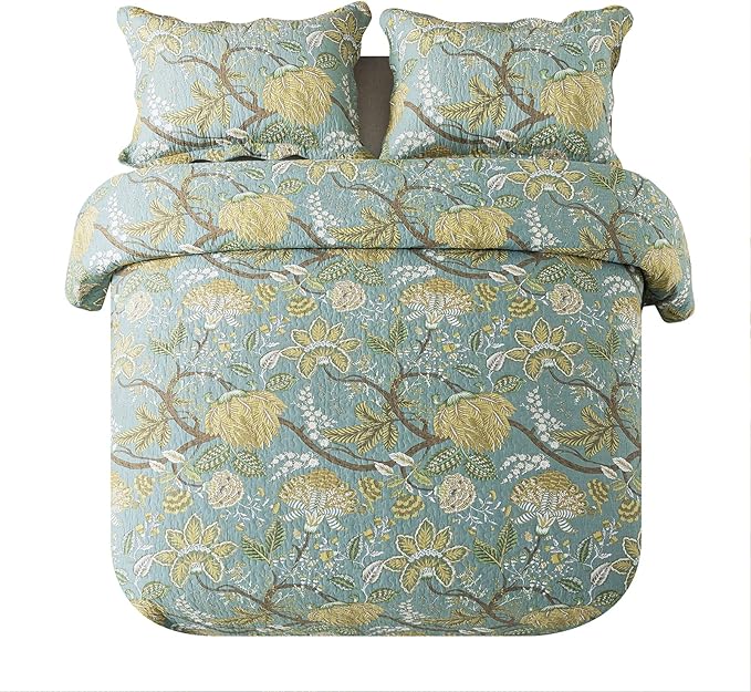 NEWLAKE Cotton Bedspread Quilt Sets-Reversible Patchwork Coverlet Set, Green Floral Pattern, King Size-Ruum Studio Home