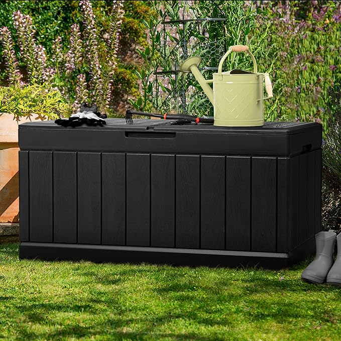 JUMMICO 83 Gallon Outdoor Deck Box Large Resin Storage Box for Patio Furniture Cushions and Garden Tools (Black)-Ruum Studio Home