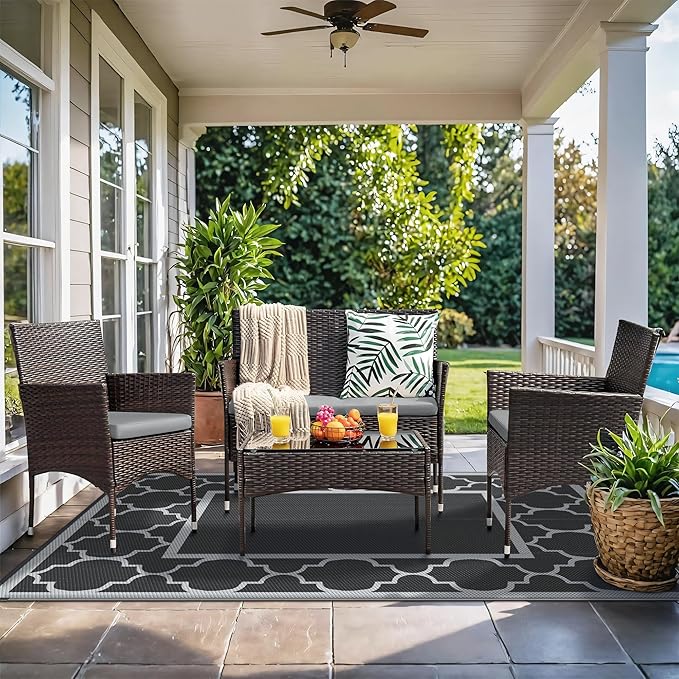 GENIMO 4 ' x 6 ' Outdoor Rug for Patio, Waterproof Indoor Outdoor Plastic Straw Rugs Carpet, Reversible Outside Area Mat for Camping, Balcony Porch, Deck, Picnic, Beach Black Grey-Ruum Studio Home