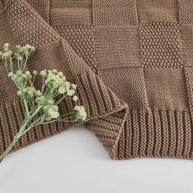 CozeCube Check Knit Throw Blanket, Light Brown Checkered Throw for Couch, Decorative Christmas Soft Cozy Warm Knitted Blanket for Bed Sofa Living Room, 50"X60"-Ruum Studio Home