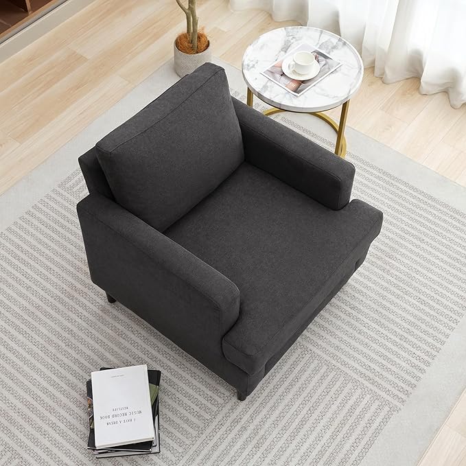 Mid-Century Accent Chair,Modern Linen Fabric Armchair for Living Room,Comfy Upholstered Reading Accent Chairs for Bedroom,Single Sofa Chair with Wood Legs (Dark Grey, 1 Pack)-Ruum Studio Home
