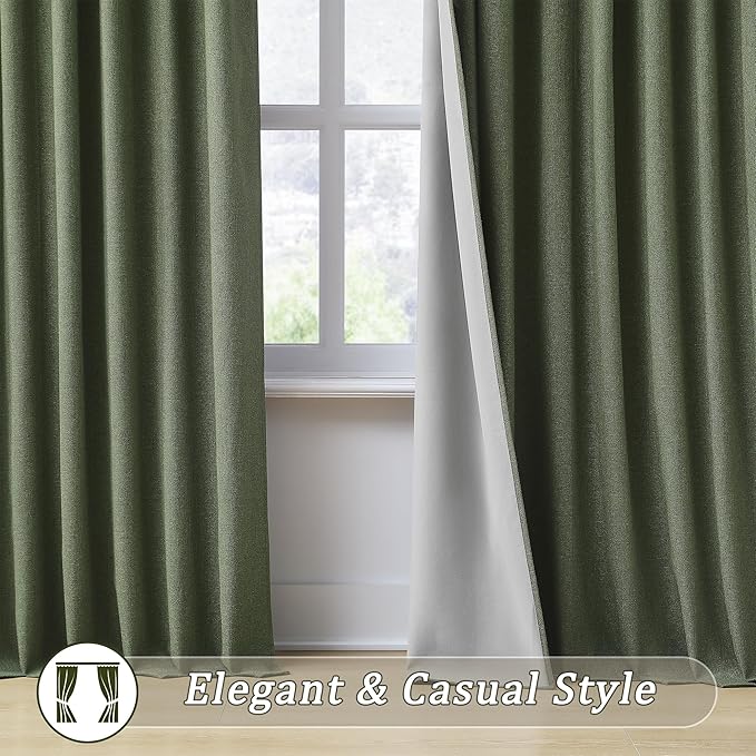 Long Blackout Curtains 108 Inch Long 2 Panels, Back Tab Pleated Look Drapes for Track System with Hooks, Noise Reducing Spring Blackout Winodw Curtains for Living Room 50x108-Loden/Olive Green-Ruum Studio Home