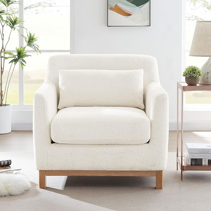 Extra Deep Accent Chair, Fabric Upholstered Comfy Reading Armchair for Living Room, Bedroom Single Seat Sofa Chair with Wood Base, Lamb Fabric-Ruum Studio Home