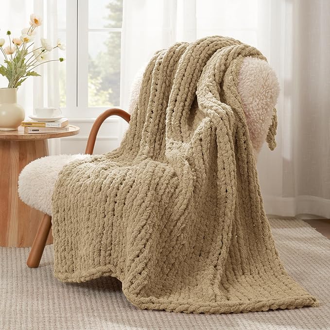 Amélie Home Chunky Knit Throw Blanket for Couch, Soft Chenille Crochet Blanket for Children, 40"x50", Beige-Ruum Studio Home