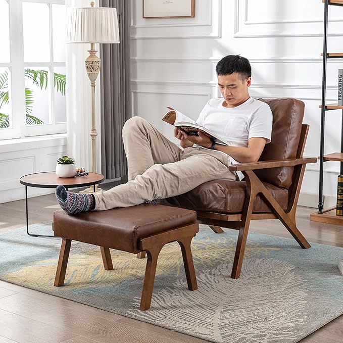 chairus 2 Sets Mid-Century Modern Accent Chairs with Ottoman, Faux Leather Armchair with Wood Legs Comfy Upholstered Single Sofa Chair for Living Room/Bedroom/Lounge, Brown-Ruum Studio Home