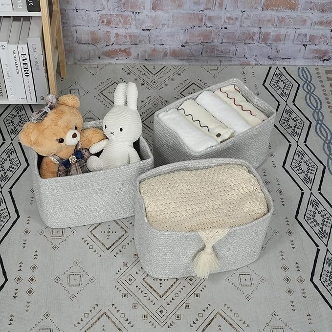 Cotton Rope storage Basket Bins Woven Basket for Organizing Shelves 14.5X9.5X9.3“ Rectangle Decorative Baskets For storage Clothes Toys Books Towels Square Wicker Nursery basket organizer 3 pack grey-Ruum Studio Home