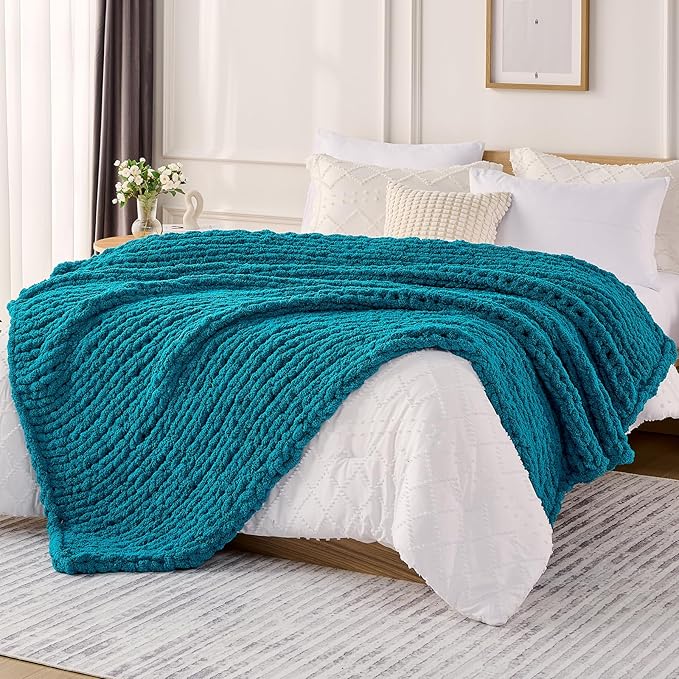 L'AGRATY Chunky Knit Blanket Throw: 60''x80'' Chenille Chunky Knitted Throw Blanket for Bed Couch - Handmade Thick Big Cable Knit Blanket - Large Crochet Rope Blanket for Home Decor(Teal)-Ruum Studio Home