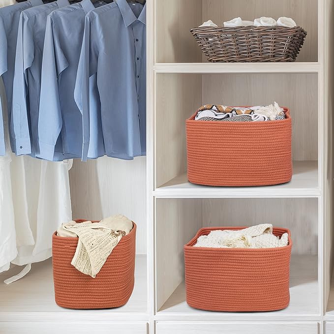 Cotton Rope storage Basket Bins Woven Basket for Organizing Shelves Rectangle Decorative Baskets For storage Clothes Toys Books Towels Square Wicker Nursery basket organizer 3 pack Rust-Ruum Studio Home