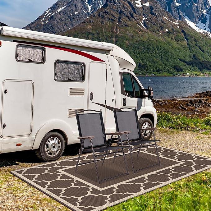 GENIMO Outdoor Rug 8' x 10' Patio Waterproof, Foldable Reversible Plastic Straw Area Rugs Mat for Camper Decor, Outside Carpet for Rv, Deck, Porch, Picnic, Beach, Balcony, Coffee & Beige-Ruum Studio Home