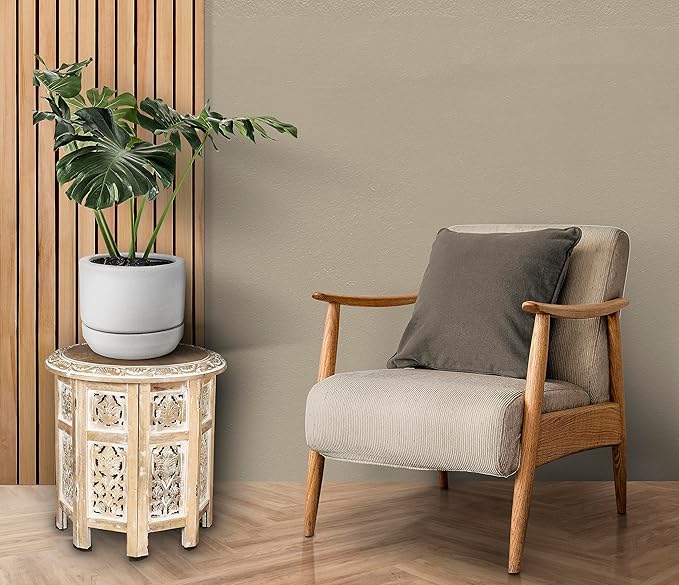 Lightnpro Hand Carved Solid Mango Wood Octagonal Accent Table - 18"×18" White Wash Farmhouse Vintage Home Décor Round End Table for Living Room, Bedroom, Entryway - Rustic Boho Side Table-Ruum Studio Home