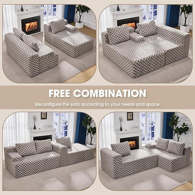 Hobestluk 96“ Modular Sectional Sofa Couches L-Shape Couch 3 Seat Modular Sofa Memory Foam Sectional Couches for Living Room, Cloud Couch with Oversized Chaise (Grey, Checked (Right Facing Chaise))-Ruum Studio Home