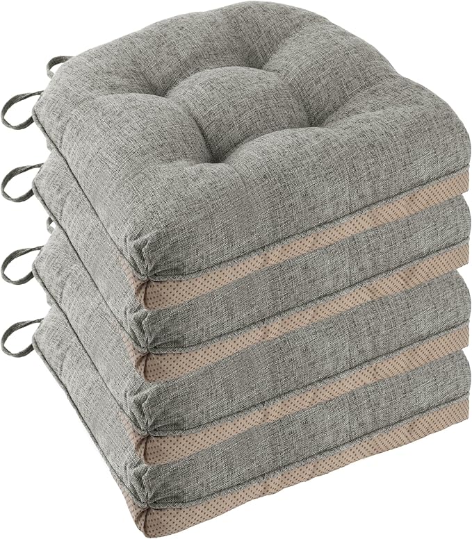 Non Slip Chair Cushions for Dining Chairs Set of 4 Kitchen Chair Cushions 18"x18"x3" Turfted Chair Pads Comfortable and Soft Seat Cushion with Ties, Light Grey-Ruum Studio Home