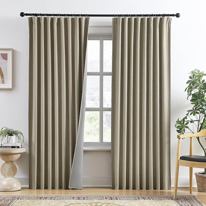 RAIN CITY Light Taupe Blackout Linen Blend Curtains 2 Panels,70 Wide Back Tab Pinch Pleated Look Window Drapes with Hooks,Track System Curtain Panels for Sliding Door Modern Farmhouse 70x90 Inch-Ruum Studio Home