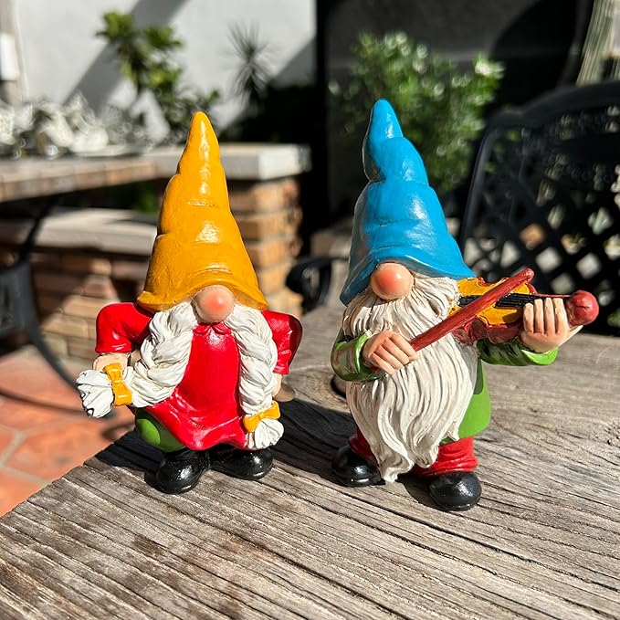Garden Gnome Duo Decorative Figurines 5.5“ Ornament for Indoor Outdoor Home Garden Decor，Musical Violin Player and Dancing, Colorful Outdoor Statues, Set of 2-Ruum Studio Home