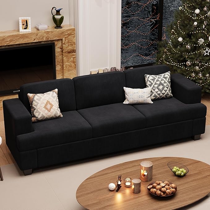 3 Seater Corduroy Couch for Living Room, 89” Black Cloud Sofa, Deep Seat Floor Couch for Bedroom, Futon Modern Sofa Sectional Bed, Black Corduroy-Ruum Studio Home