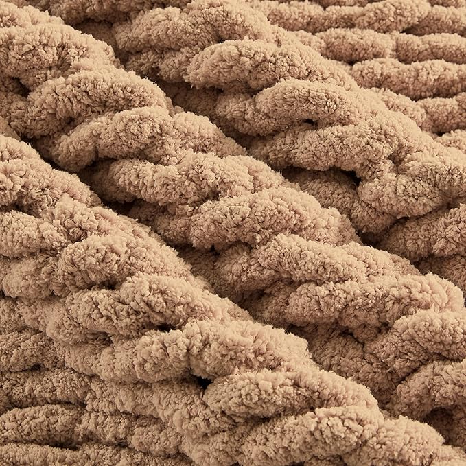 Carriediosa Chunky Knit Throw Blanket 60" X 80" Twin, 100% Hand Made Large Chenille Loop Yarn Soft Fluffy Throws for Couch Sofa Bed, Big Crochet Cozy Heavy Thick Cable Woven Blankets, Tan Brown-Ruum Studio Home