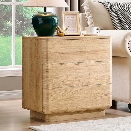 JXQTLINGMU 22" Modern Nightstand with Charging Station, Large Push-to-Open End Table, Wood Bedside Table w/Curved Profile Design, Handleless 3 Drawer Night Stand for Bedroom, Living Room, Natural Oak-Ruum Studio Home