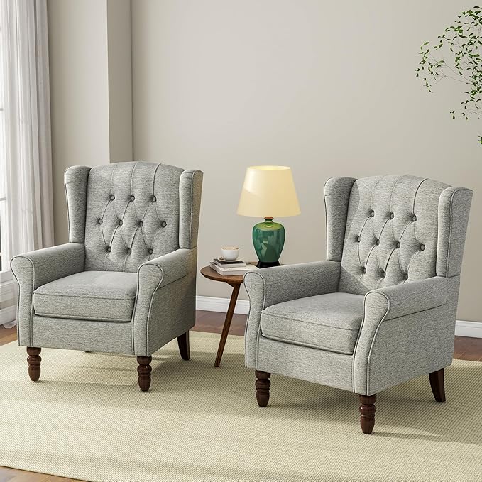 Accent Chair, Upholstered Armchair with Button Tufted High Back & Solid Wood Legs, Comfy Wingback Reading Single Sofa Chair for Small Spaces, Living Room, Bedroom (Light Grey, Set of 2)-Ruum Studio Home