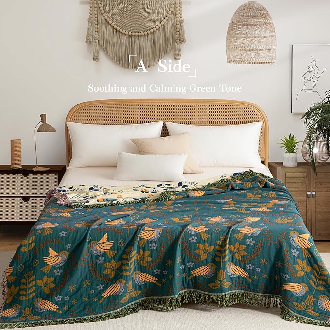Boho Throw Blanket Twin Size, Soft Cozy Cotton Muslin Quilt Blanket for Bed Decor, Bird Patterned Couch Sofa Chair Cover, Vintage Farmhouse Cottage Tapestry Woven Blanket, Green&Beige-Ruum Studio Home