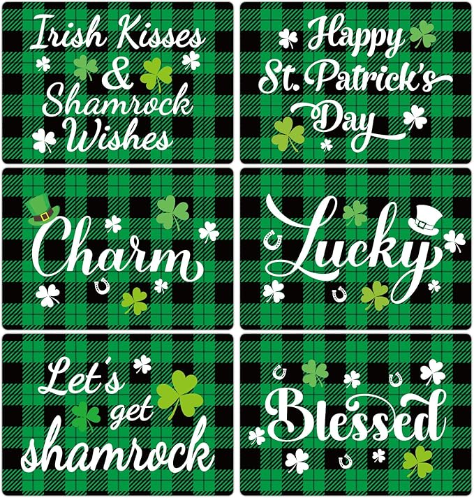 St. Patrick’s Day Placemats Set of 6 Buffalo Plaid Plastic Table Mats Lucky Shamrock Place Mats Blessed Holiday Table Decoration for Indoor Outdoor Party Kitchen Dining-Ruum Studio Home